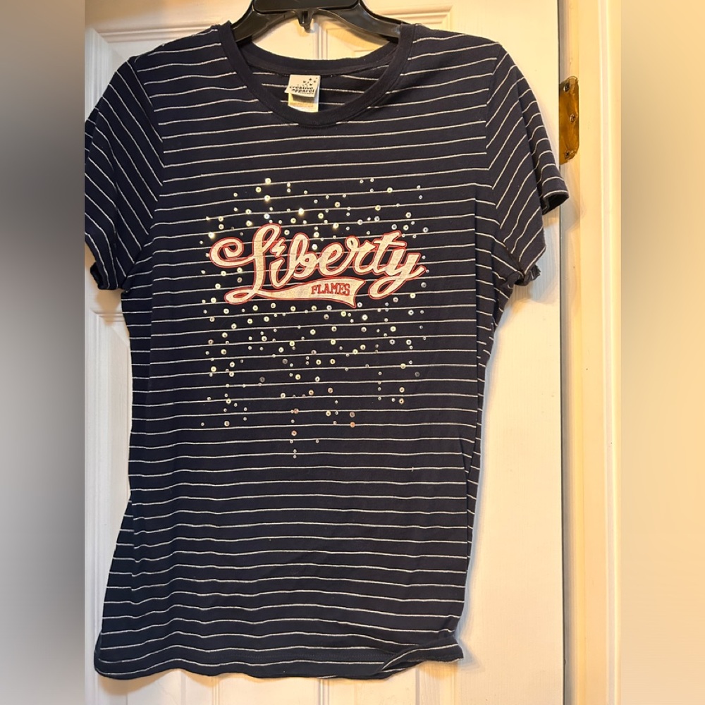☀️3/$10☀️ Liberty Navy Striped sparkle embellished Short Sleeve Tee large